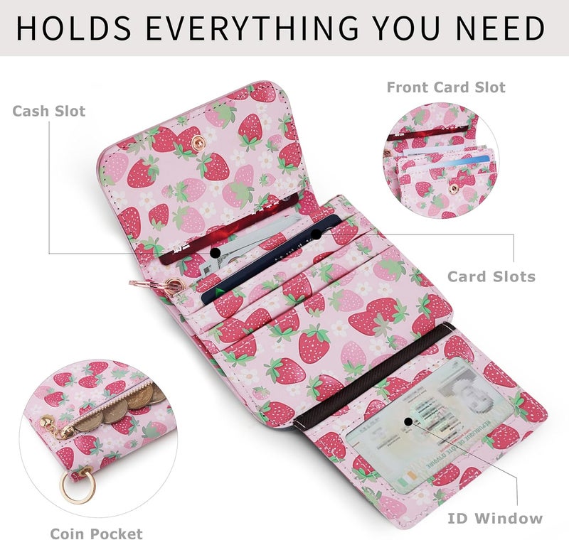 Sunpour Women Small Wallet RFID Blocking Slim Wallet with Coin Pocket Tri-Fold Credit Card Holder with ID Window and Keychain (Strawberry) - Image 4
